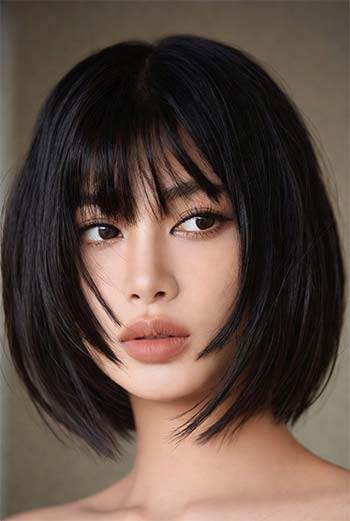 باب کلاسیک بلند (Long Bob) با چتری کج یا پرده‌ای