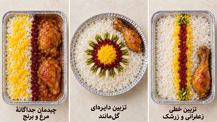 جدا چیدن مرغ و برنج در دو نیمهٔ ظرف